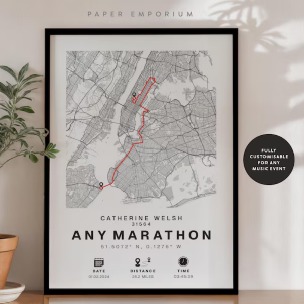 Personalised Marathon Completion Map: Runner Gift, New York or Any Race