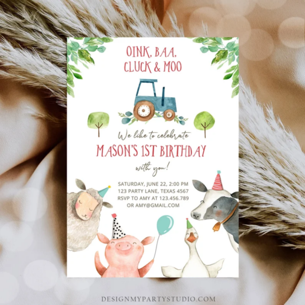 Editable Farm Animals Birthday Invitation Boy Fist 1st Party Animals Blue Tractor Barnyard Barn Digital Evite Template Printable