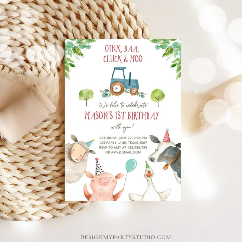 Editable Farm Animals Birthday Invitation Boy Fist 1st Party Animals Blue Tractor Barnyard Barn Digital Evite Template Printable - 图片 3