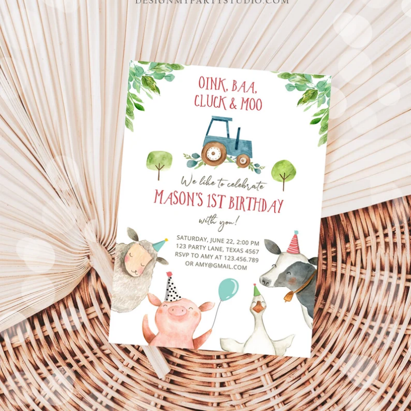 Editable Farm Animals Birthday Invitation Boy Fist 1st Party Animals Blue Tractor Barnyard Barn Digital Evite Template Printable - 图片 4
