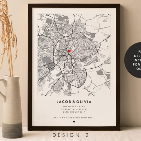 Personalized Couple Map Print - Engagement, Valentine's Day Gift