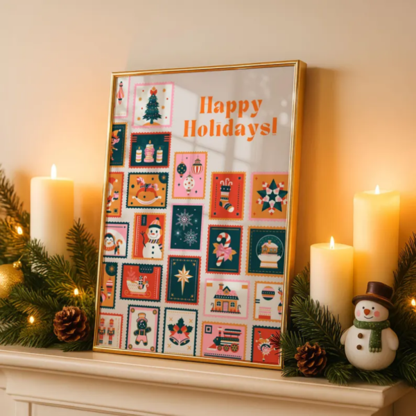 Happy Holidays Wall Art -Christmas Poster - Unique Gift for Home Decor