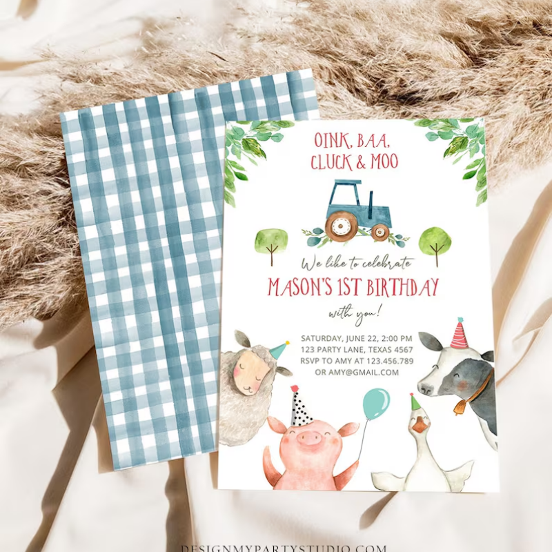 Editable Farm Animals Birthday Invitation Boy Fist 1st Party Animals Blue Tractor Barnyard Barn Digital Evite Template Printable - 图片 2